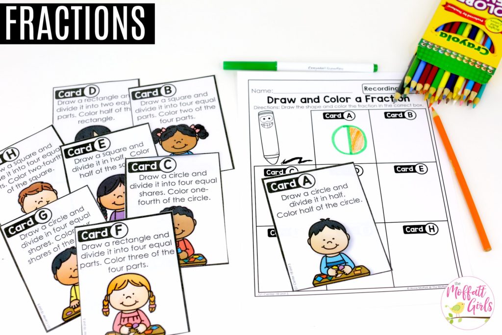 Fractions task cards Draw and Color a Fraction: These fun 1st Grade Math activities help students understand basic geometry with the use of shapes and fractions in a hands-on way!