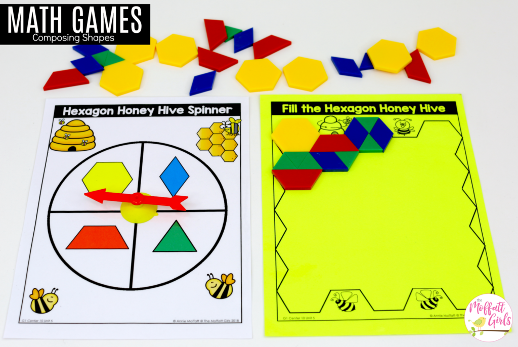 Hexagon Honey Hive- fill the honey combs with pattern blocks with spinner Tasty Shape Pizza and Honey Hive: These fun 1st Grade Math activities help students understand basic geometry with the use of shapes and fractions in a hands-on way!