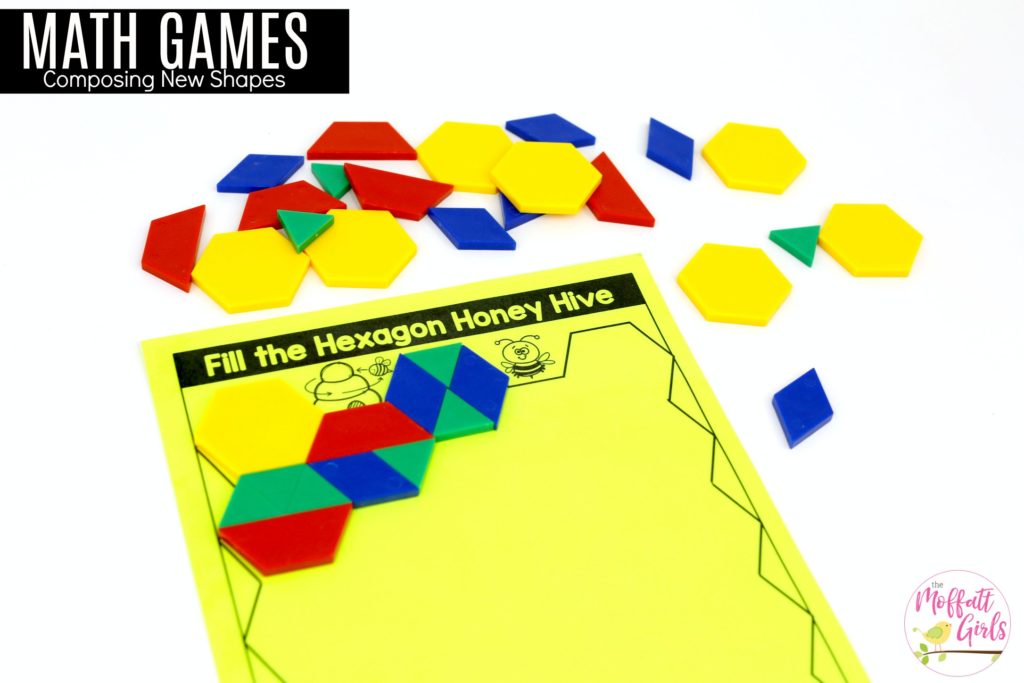 Hexagon Honey Hive- fill the honey combs with pattern blocks Tasty Shape Pizza and Honey Hive: These fun 1st Grade Math activities help students understand basic geometry with the use of shapes and fractions in a hands-on way!