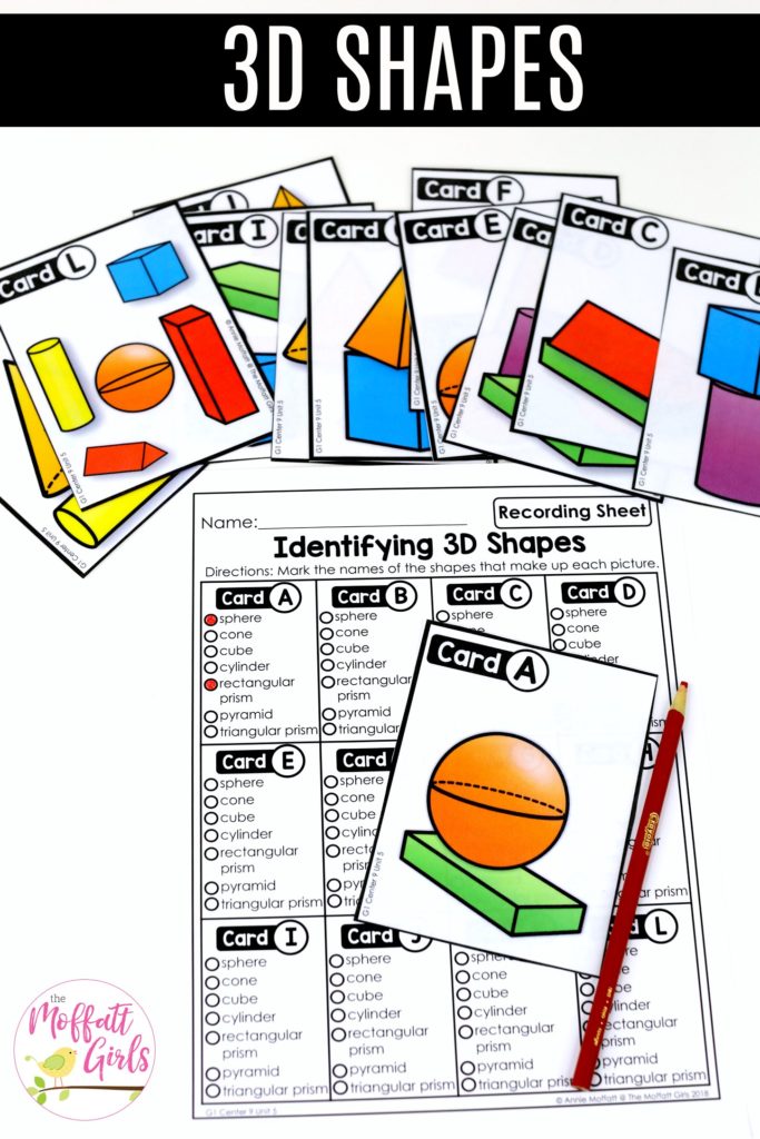 Identifying 3D shapes- math center Identifying 3D Shapes: These fun 1st Grade Math activities help students understand basic geometry with the use of shapes and fractions in a hands-on way!