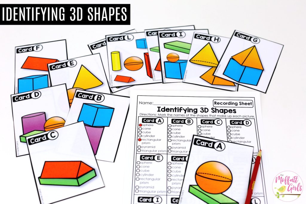 Identifying 3D shapes 1st grade math center Identifying 3D Shapes: These fun 1st Grade Math activities help students understand basic geometry with the use of shapes and fractions in a hands-on way!