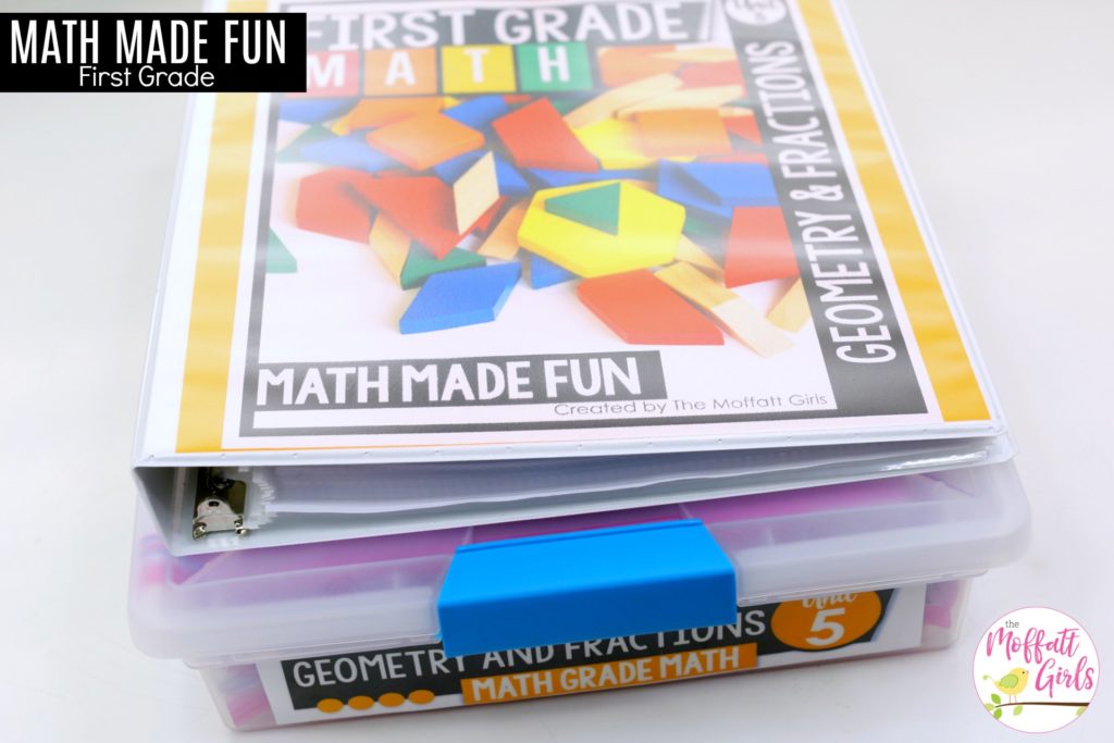 Simple Storage Solution for math materials These fun 1st Grade Math NO PREP pages help students understand basic geometry with the use of shapes and fractions in a hands-on way!