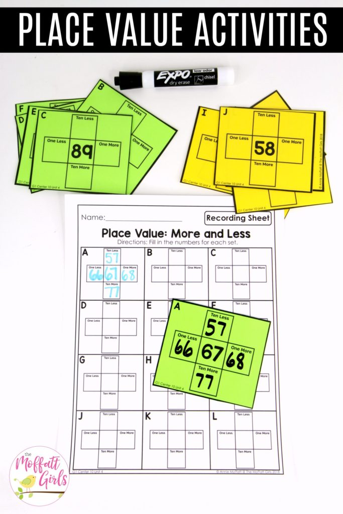 Place Value: More and Less with recording sheet Place Value- More and Less: This fun 1st Grade Math activity helps students understand place values and the meaning of a number in a hands-on way!