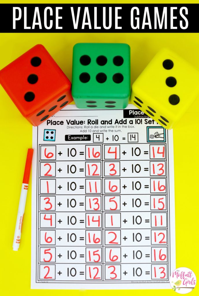 Place Value: Roll and Add a 10 Worksheet These fun 1st Grade Math activities help students understand place values and the meaning of a number in a hands-on way!
