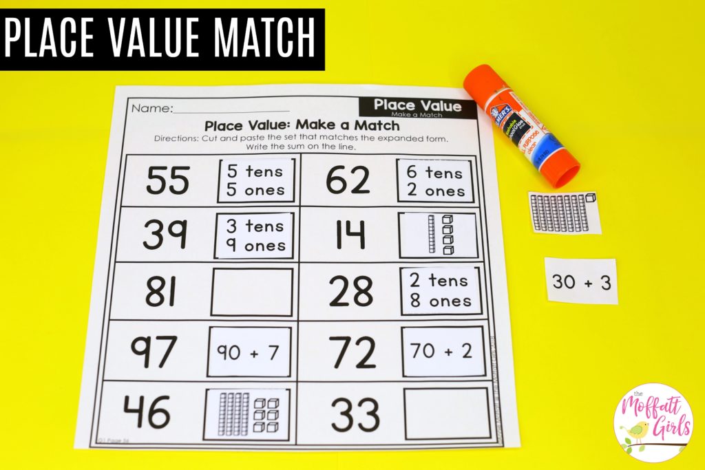 Place Value Make a Match- cut and paste worksheet These fun 1st Grade Math activities help students understand place values and the meaning of a number in a hands-on way!