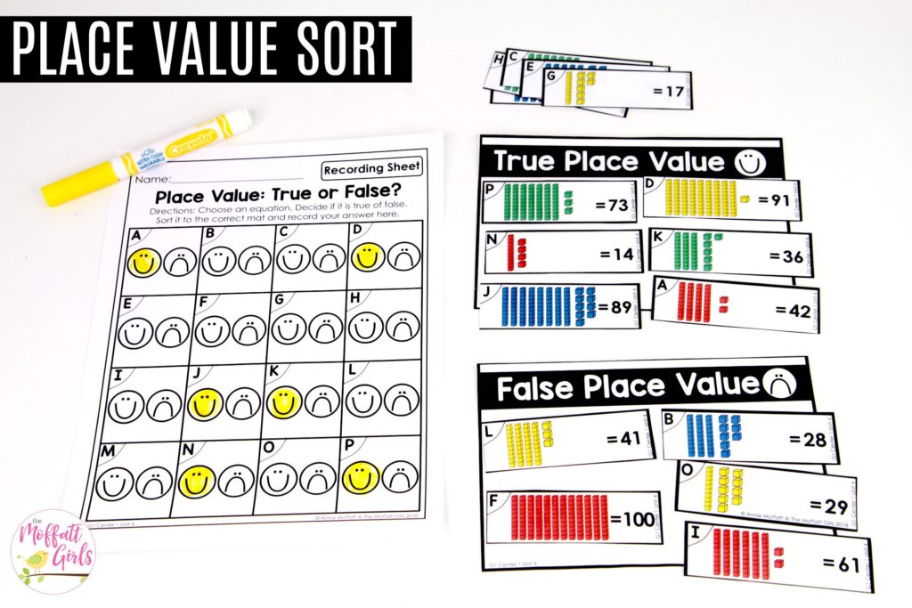 Place Value- True or False? Math Center for 1st Grade Place Value Sort: This fun 1st Grade Math activity helps students understand place values and the meaning of a number in a hands-on way!