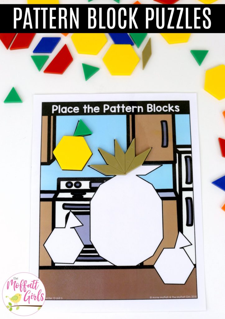 Pattern Block Puzzles- fruit Place the Pattern Blocks without Lines or Numbers of Shapes: These fun 1st Grade Math activities help students understand basic geometry with the use of shapes and fractions in a hands-on way!