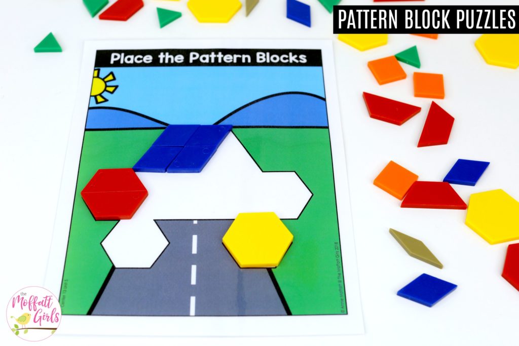 Pattern Block Puzzles- car Place the Pattern Blocks without Lines or Numbers of Shapes: These fun 1st Grade Math activities help students understand basic geometry with the use of shapes and fractions in a hands-on way!