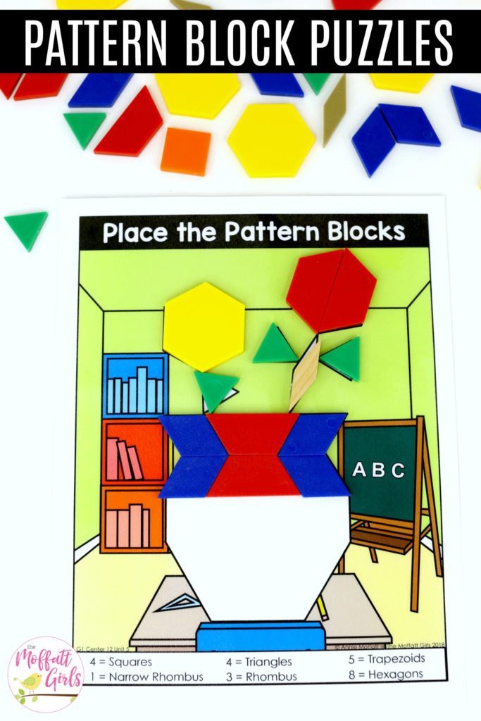 Pattern Block Puzzles- vase with flowers Place the Pattern Blocks with Numbers of Shapes: These fun 1st Grade Math activities help students understand basic geometry with the use of shapes and fractions in a hands-on way!