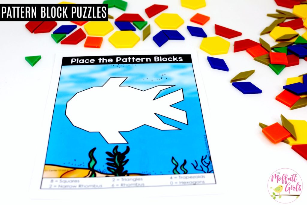 Pattern Block Puzzles- fish Place the Pattern Blocks with Numbers of Shapes: These fun 1st Grade Math activities help students understand basic geometry with the use of shapes and fractions in a hands-on way!