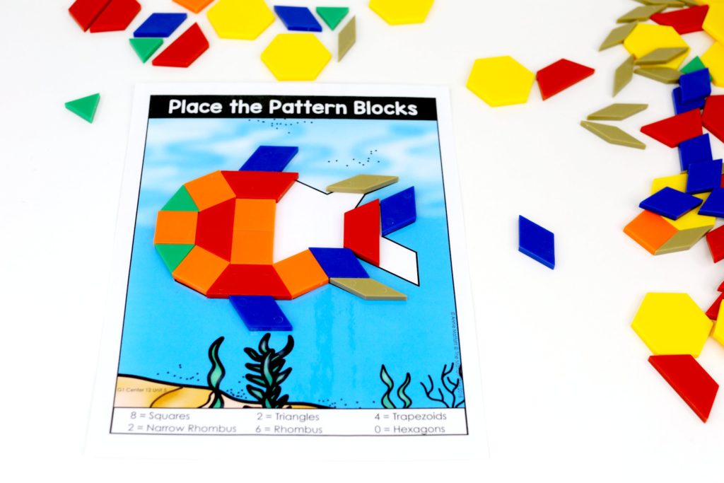 Pattern Block Puzzles- fish with shapes Place the Pattern Blocks with Numbers of Shapes: These fun 1st Grade Math activities help students understand basic geometry with the use of shapes and fractions in a hands-on way!