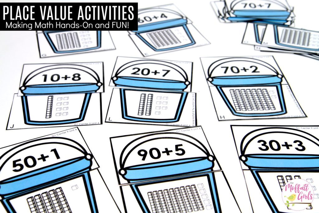 Place Value Activities- matching cards Place Value Buckets: This fun 1st Grade Math activity helps students understand place values and the meaning of a number in a hands-on way!