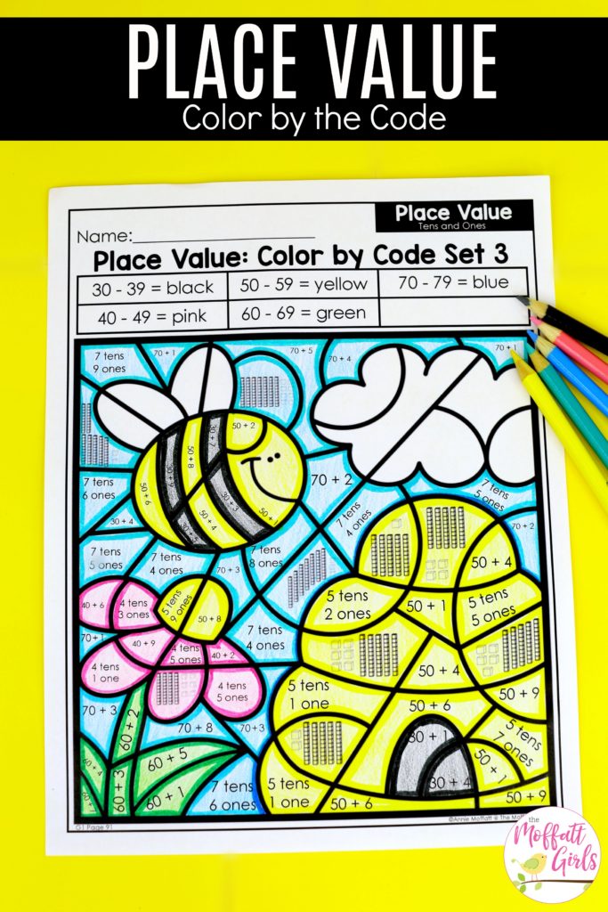 Place Value- Color by the Code Worksheets These fun 1st Grade Math activities help students understand place values and the meaning of a number in a hands-on way!