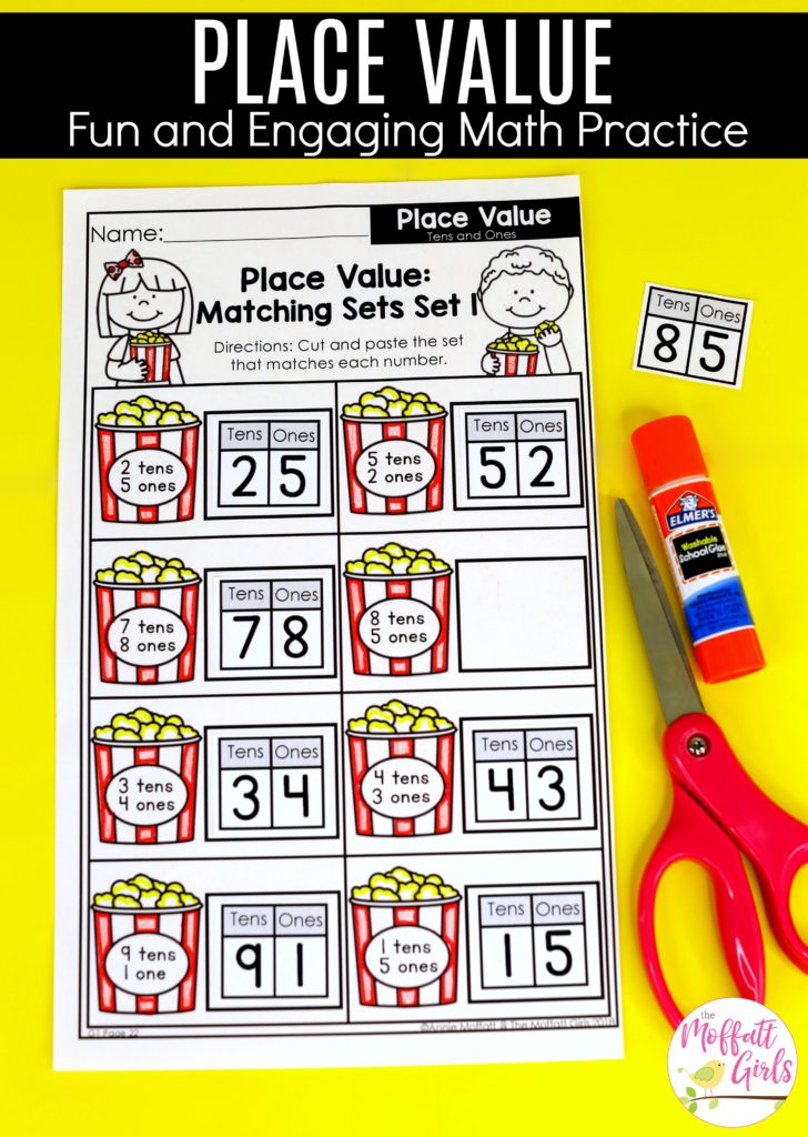Place Value Matching cut and paste worksheet These fun 1st Grade Math activities help students understand place values and the meaning of a number in a hands-on way!