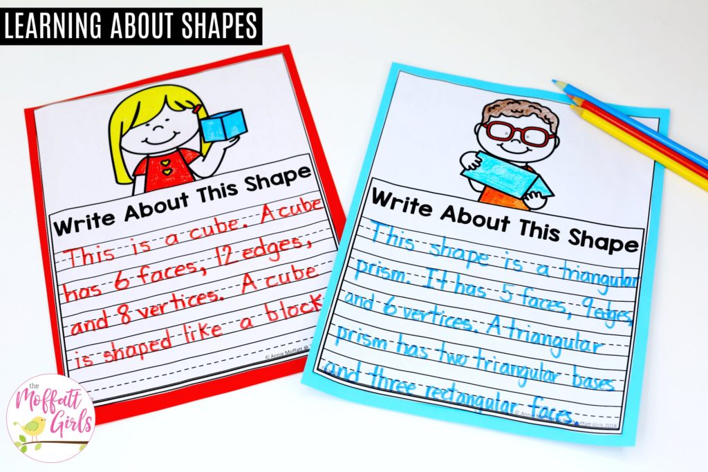 Write about the Shape Worksheets for First Grade These fun 1st Grade Math NO PREP pages help students understand basic geometry with the use of shapes and fractions in a hands-on way!
