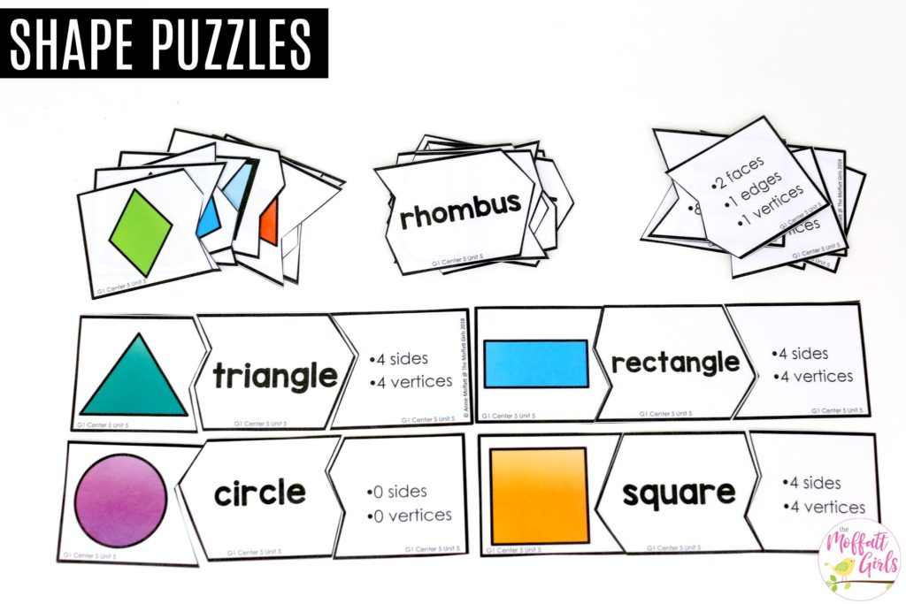 Shape Puzzles- match the shape, name and description Shape Puzzles: These fun 1st Grade Math activities help students understand basic geometry with the use of shapes and fractions in a hands-on way!
