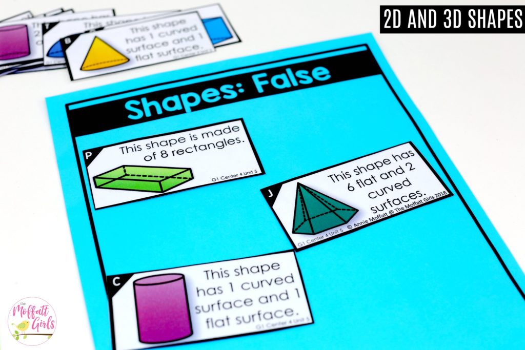 Shapes- True or False? Math center for 1st grade Shapes- True or False: These fun 1st Grade Math activities help students understand basic geometry with the use of shapes and fractions in a hands-on way!