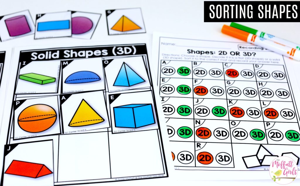 Sorting 2D and 3D shapes with recording sheet Shapes- 2D or 3D?: These fun 1st Grade Math activities help students understand basic geometry with the use of shapes and fractions in a hands-on way!