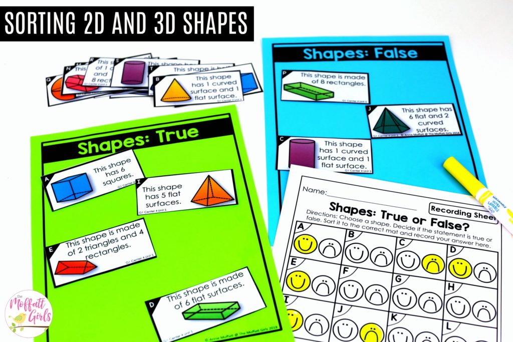 Shapes- True or False? Math center for first grade Shapes- True or False: These fun 1st Grade Math activities help students understand basic geometry with the use of shapes and fractions in a hands-on way!