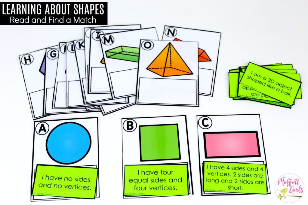 Shape matching cards- with description and shape cards. Which Shape Am I?: These fun 1st Grade Math activities help students understand basic geometry with the use of shapes and fractions in a hands-on way!