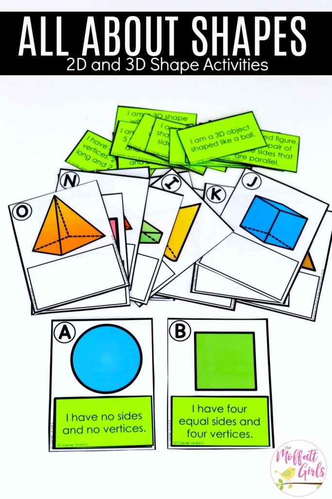 Shape matching cards- with description and shape cards Which Shape Am I?: These fun 1st Grade Math activities help students understand basic geometry with the use of shapes and fractions in a hands-on way!