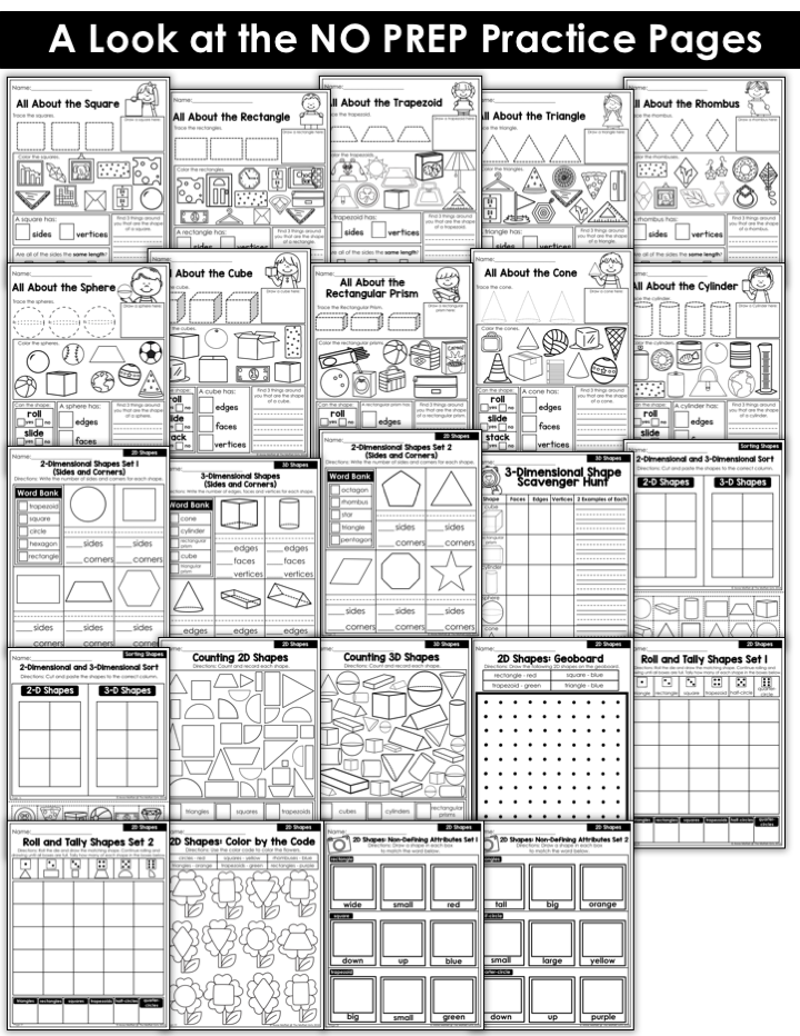 Fractions worksheet collage These fun 1st Grade Math NO PREP pages help students understand basic geometry with the use of shapes and fractions in a hands-on way!
