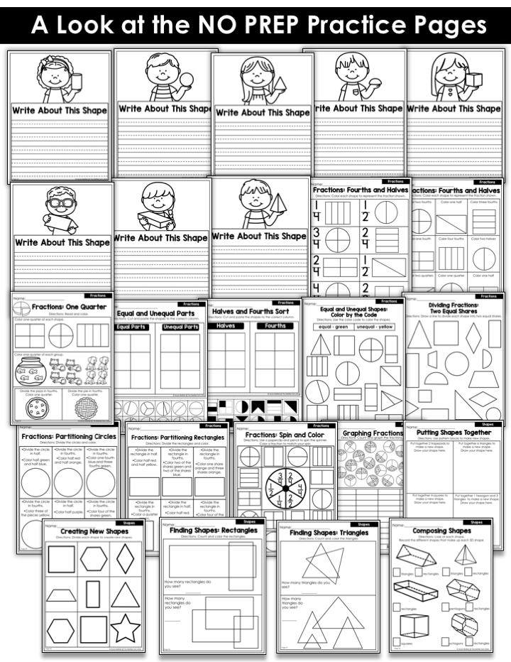 Fractions Worksheet Collage 2 These fun 1st Grade Math NO PREP pages help students understand basic geometry with the use of shapes and fractions in a hands-on way!