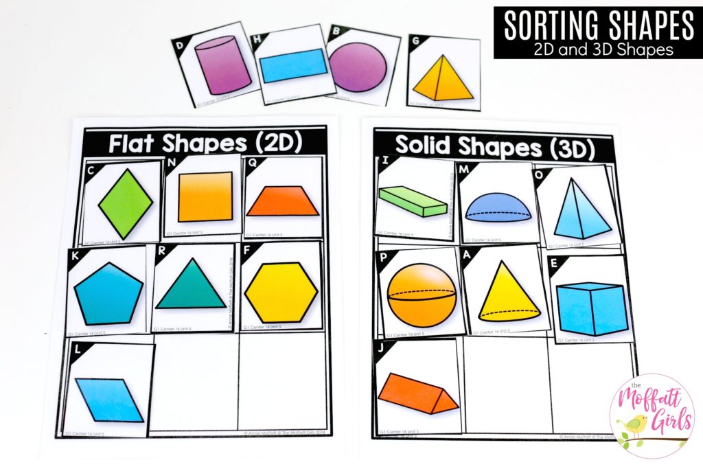 Sorting 2D and 3D shapes Shapes- 2D or 3D?: These fun 1st Grade Math activities help students understand basic geometry with the use of shapes and fractions in a hands-on way!