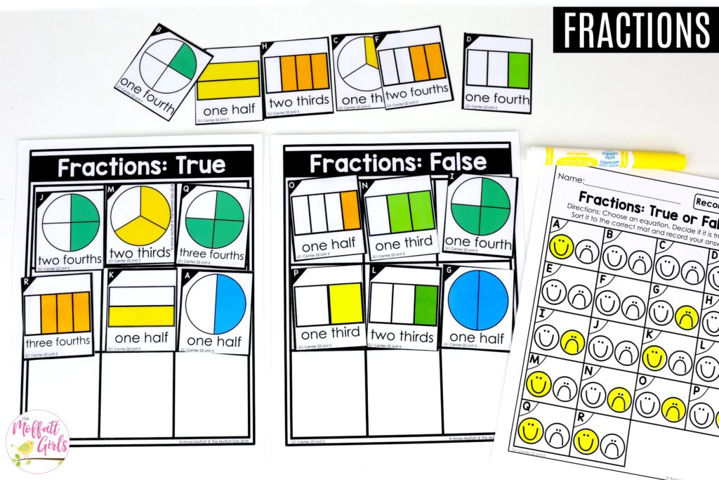 Fractions: True or False? Sort the cards Fractions- True or False?: These fun 1st Grade Math activities help students understand basic geometry with the use of shapes and fractions in a hands-on way!
