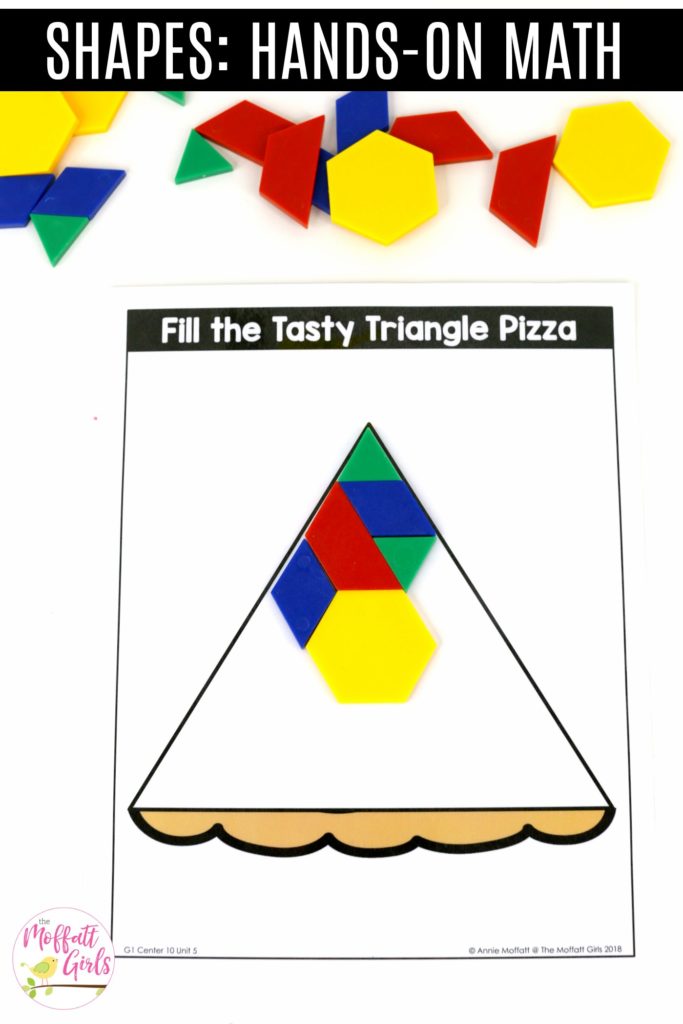 Fill the pizza with pattern blocks- hands-on math center Tasty Shape Pizza and Honey Hive: These fun 1st Grade Math activities help students understand basic geometry with the use of shapes and fractions in a hands-on way!
