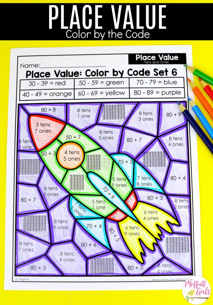 Place Value- Color by the Code These fun 1st Grade Math activities help students understand place values and the meaning of a number in a hands-on way!