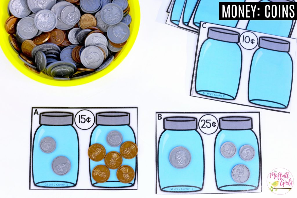 Equivalent Amounts Math Center Equivalent Amounts- Find two ways to make the value on the card. Fun math center to teach coin exchange in First Grade!