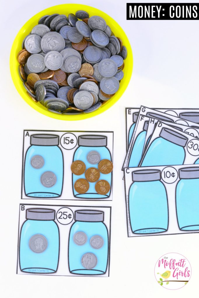Equivalent Amounts Money Math Center with coins Equivalent Amounts- Find two ways to make the value on the card. Fun math center to teach coin exchange in First Grade!