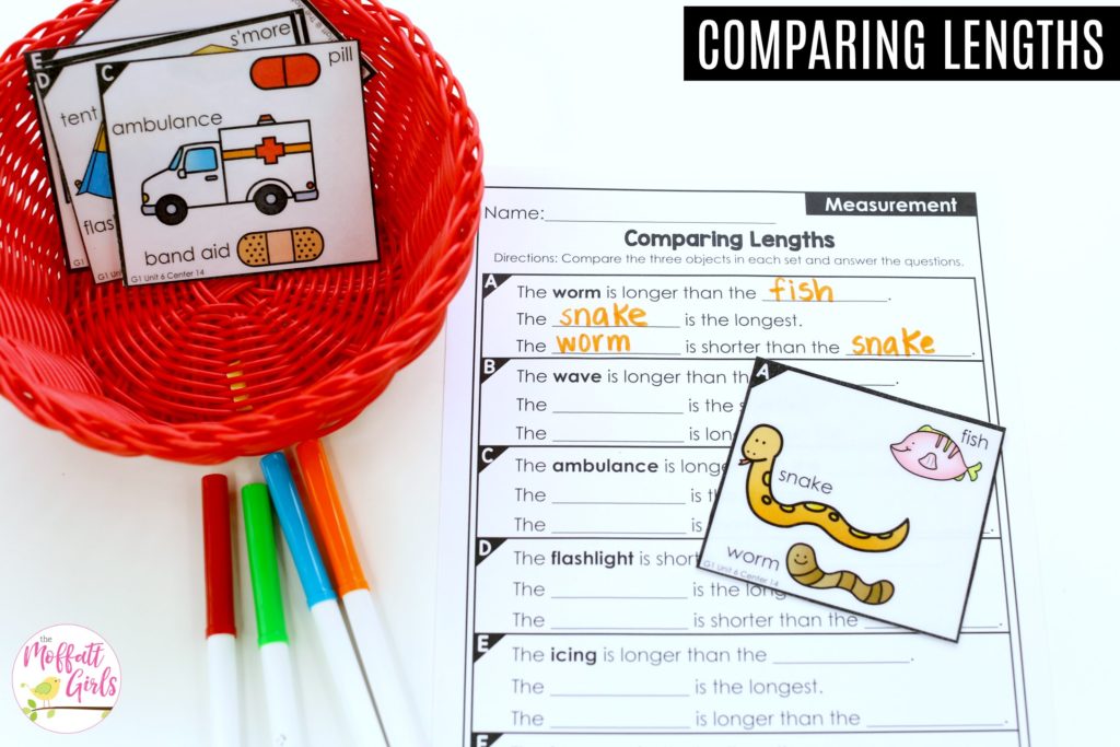 Comparing Lengths math center for first grade Comparing Lengths- TONS of fun, hands-on math centers and worksheets to teach first grade students how to measure!