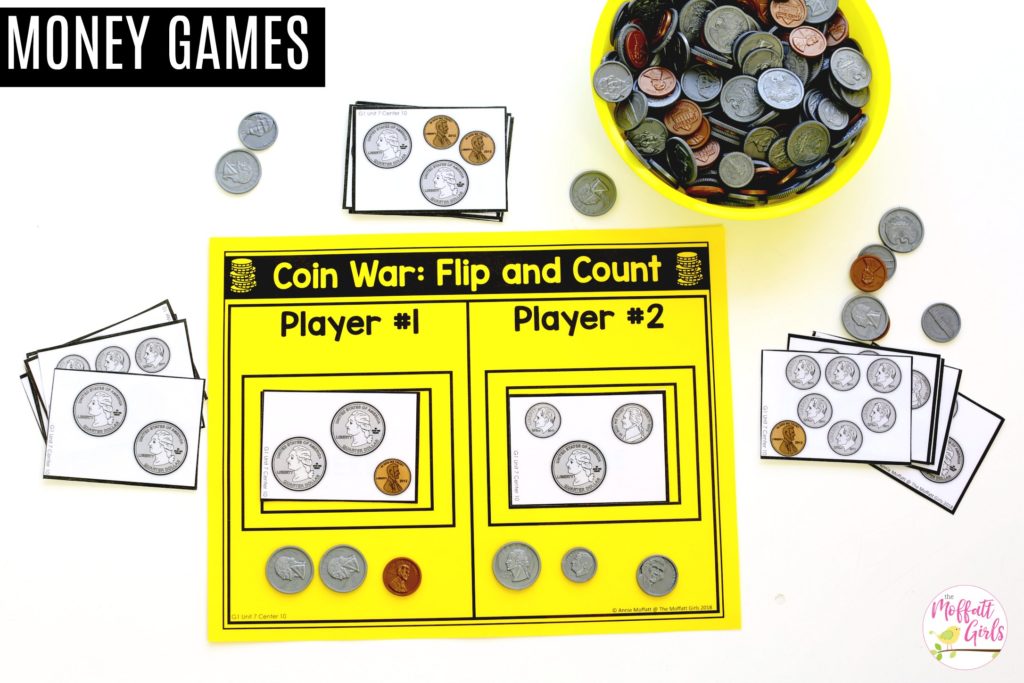 Coin War: Flip and Count math game Coin War: Flip and Count- Compare values of coins in this fun version of war. Fun math center for first grade!