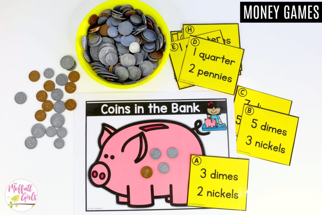 Coins in the Bank math center Coins in the Bank- Flip a card use the coins to show the value. Fun money math center for 1st grade!