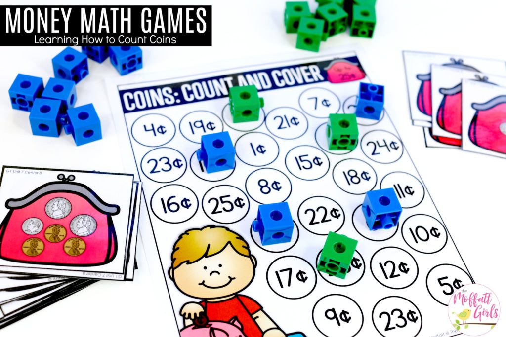 Coins: Count and Cover math game Coins: Count and Cover- such a fun math center for 1st Grade! Plus, tons of centers and worksheets to teach money!