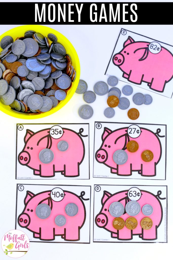 Piggy bank math center for first grade Money Games- Count up coins to match the value on the piggy bank. Such a fun math center for 1st graders!