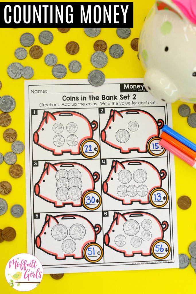 Coins in the Bank Worksheet- Add up the coins Coins in the Bank- Counting money in first grade made fun! TONS of math centers and worksheets!
