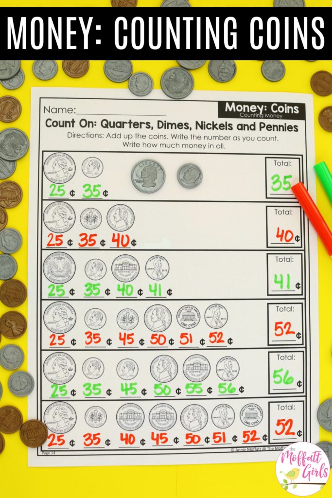 Count on math worksheet for first grade Count On: Quarters, Dimes, Nickels and Pennies- fun math practice sheet for first grade!
