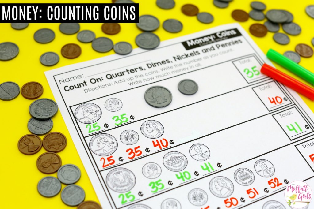 Count on math worksheet for 1st grade Count On: Quarters, Dimes, Nickels and Pennies- fun math practice sheet for first grade!
