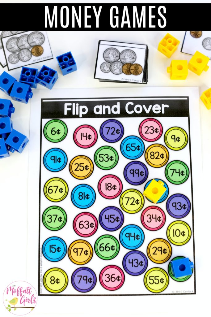 Money Games- Flip and Cover Counting Coins: Flip and Cover- Flip a card, add the coins and cover the value that matches. Fun money math center for First Grade!