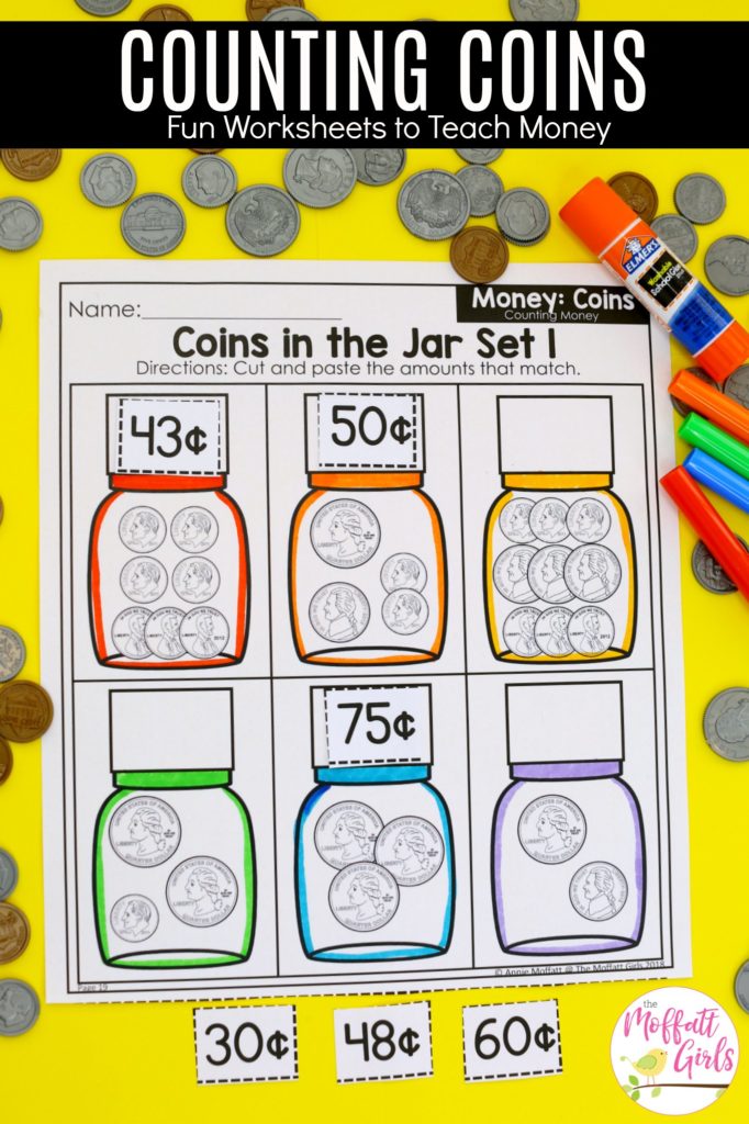 Coins in the Jar cut and paste math worksheet Counting Coins- Fun worksheets to teach money in 1st Grade!