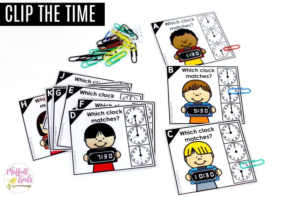 Clip the Matching Time- Math Center Telling Time: Clip the Clock- Teaching time to the half hour in First Grade is be fun and engaging with these hands-on math centers and practice sheets for 1st Grade!