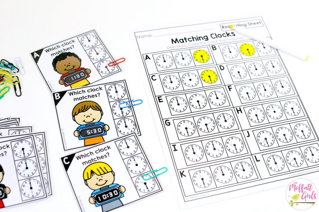 Clip the Matching Clock- Math Game Telling Time: Clip the Clock- Teaching time to the half hour in First Grade is be fun and engaging with these hands-on math centers and practice sheets for 1st Grade!