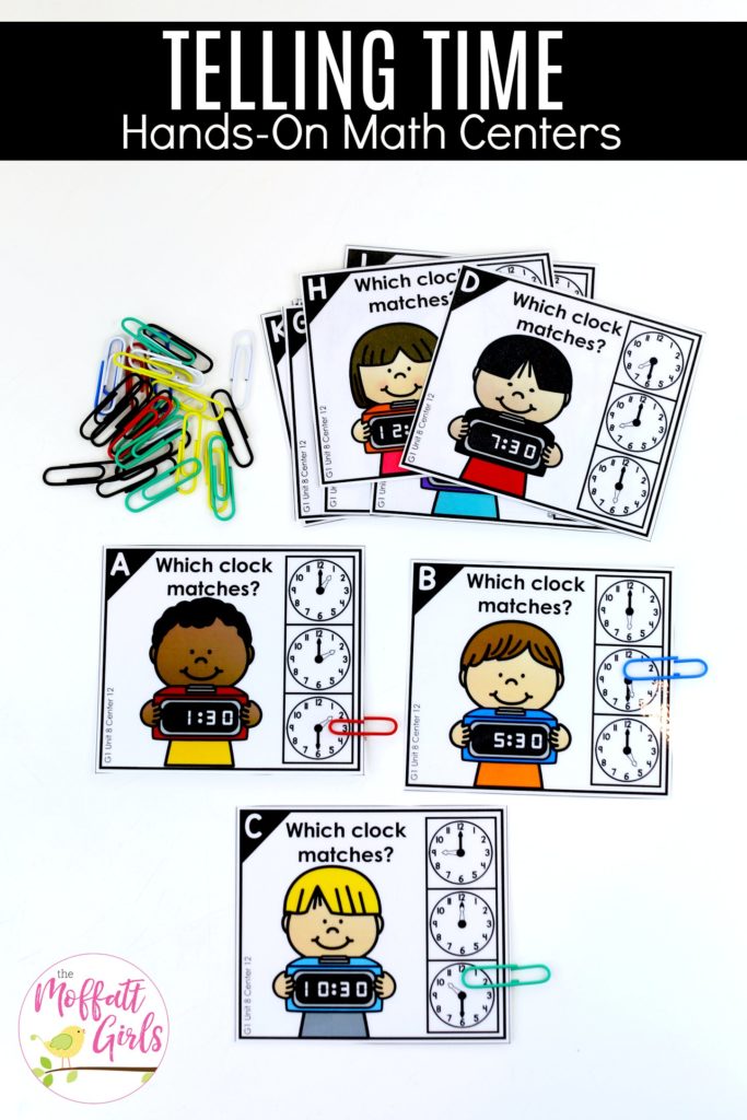 Telling Time- Clip the Matching Clock Math Center Telling Time: Clip the Clock- Teaching time to the half hour in First Grade is be fun and engaging with these hands-on math centers and practice sheets for 1st Grade!