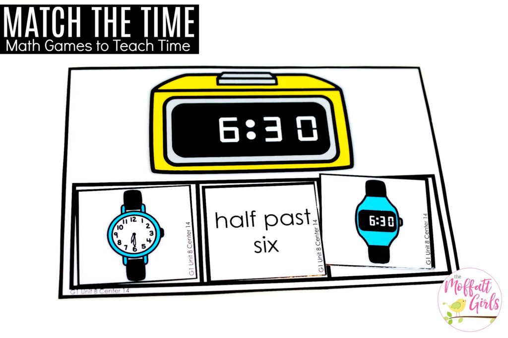 Match the Time- math games to teach time Telling Time: Match the Times- Teaching time to the half hour in First Grade is be fun and engaging with these hands-on math centers and practice sheets for 1st Grade!