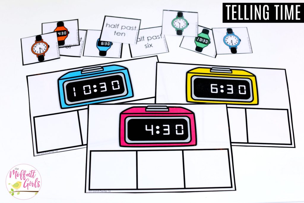 Telling Time- Match the Clocks math center Telling Time- Match the Clocks. Teaching time to the half hour in First Grade is be fun and engaging with these hands-on math centers and practice sheets for 1st Grade!