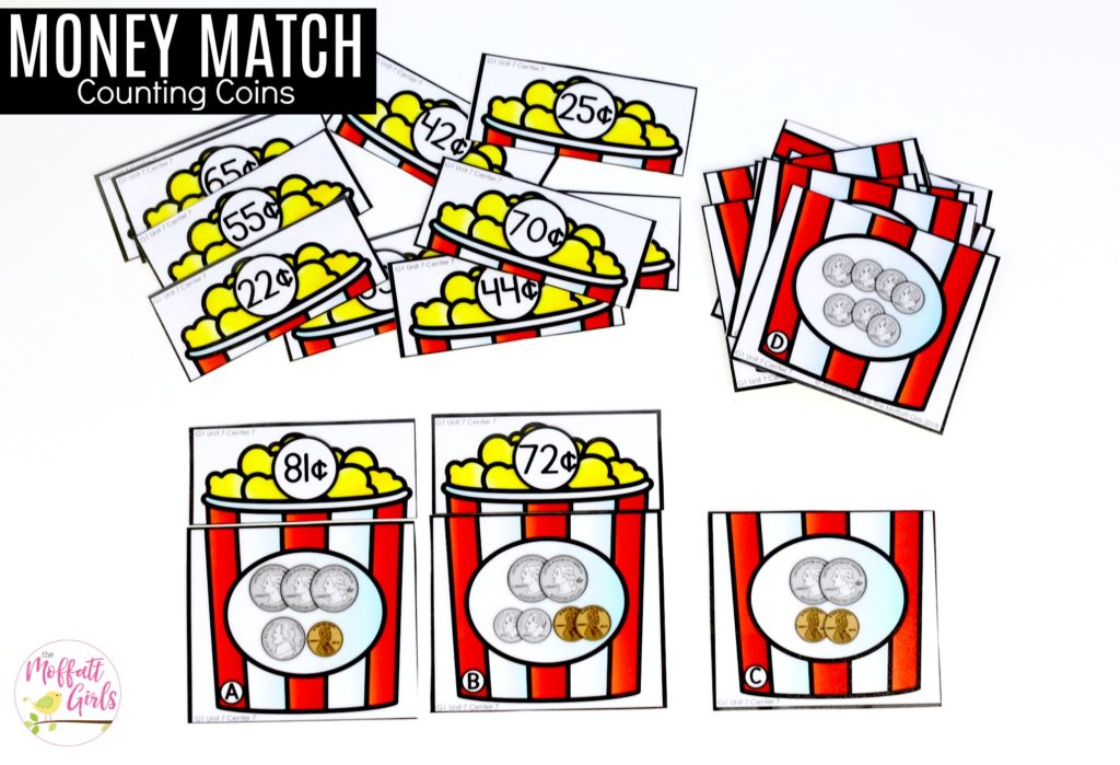 Tubs of Popcorn Money Math Center- Count the coins on the tub and match the value. Fun math centers to teach money in First Grade!
