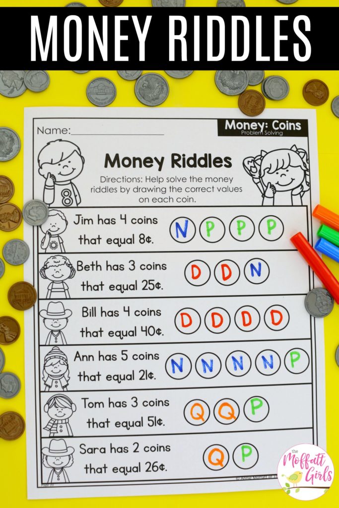 Money Riddles first grade math worksheet Money Riddles- Solve the riddles by deciding which coins are needed to match the value.